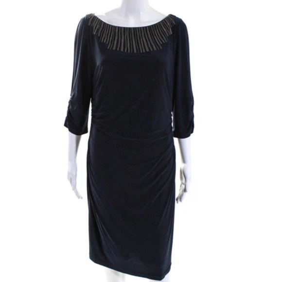 Adrianna papell black beaded 3/4 Sleeve  Evening Bodycon Dress Stretchy 16 - Picture 1 of 15